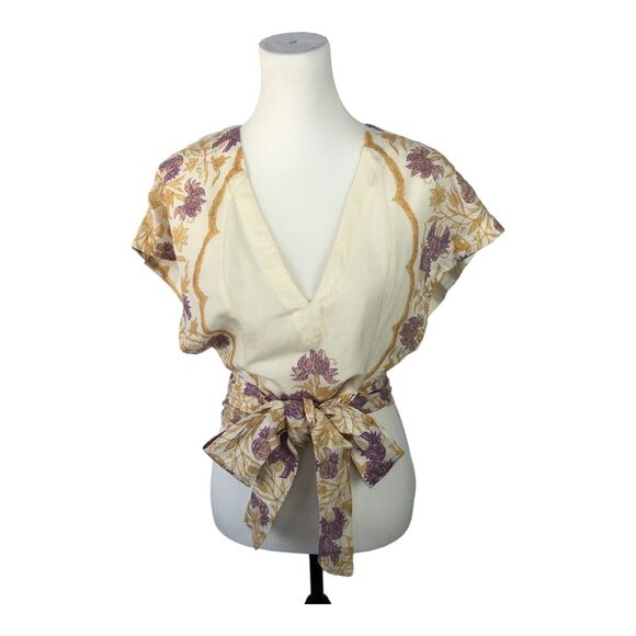 Free People Arielle Linen Blend Short Sleeve Ivory Purple Crop Top Bow Tie XS - Picture 4 of 16